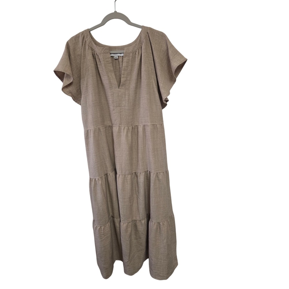 Emma & Michele Taupe Tiered Maxi Dress Flutter Sleeve V-Neck Plus Size 2X